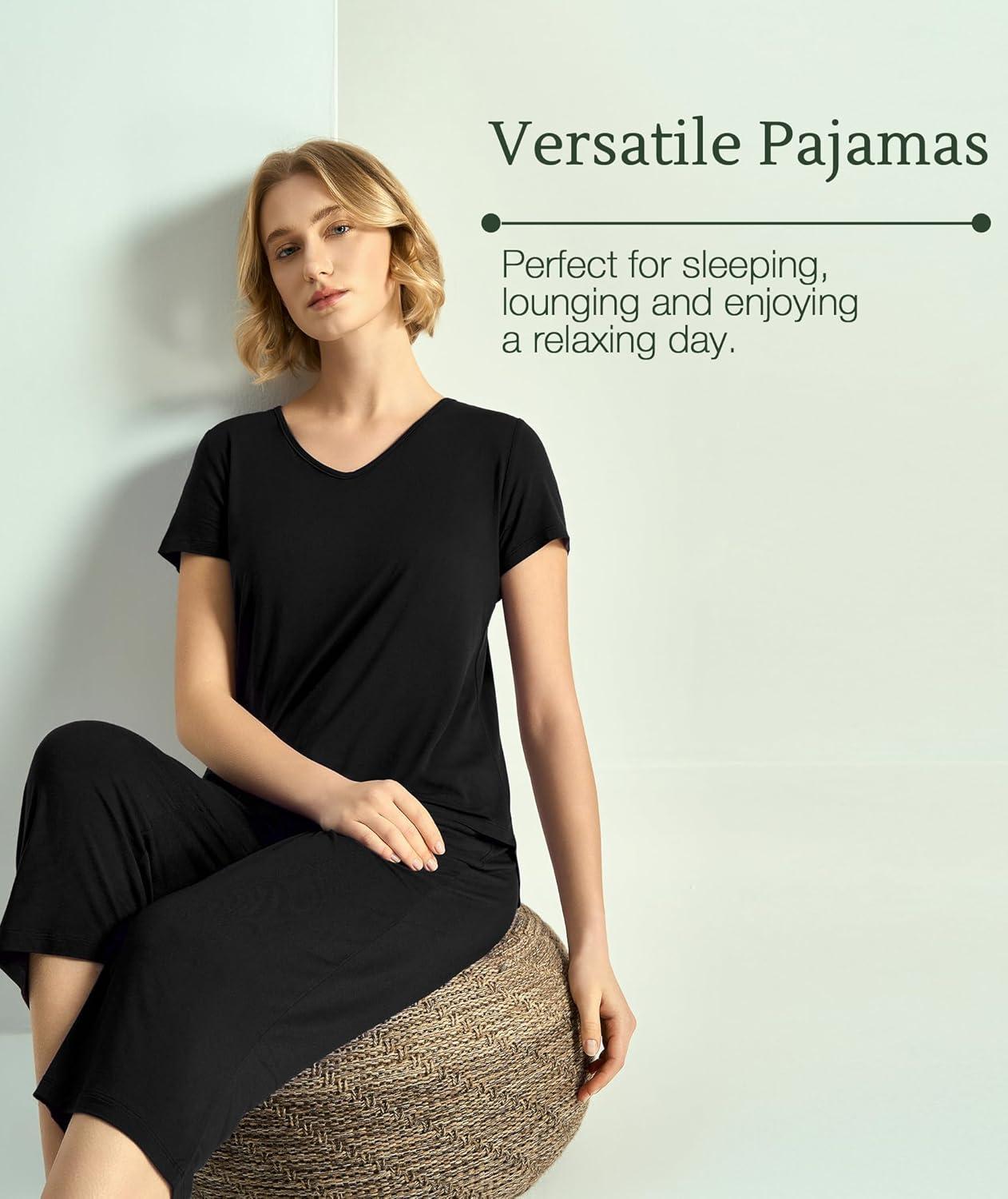imageGYS Bamboo Viscose Women Pajama Sets Short Sleeve Top and Capri Pants 2 Piece Casual Lounge SetsBlack