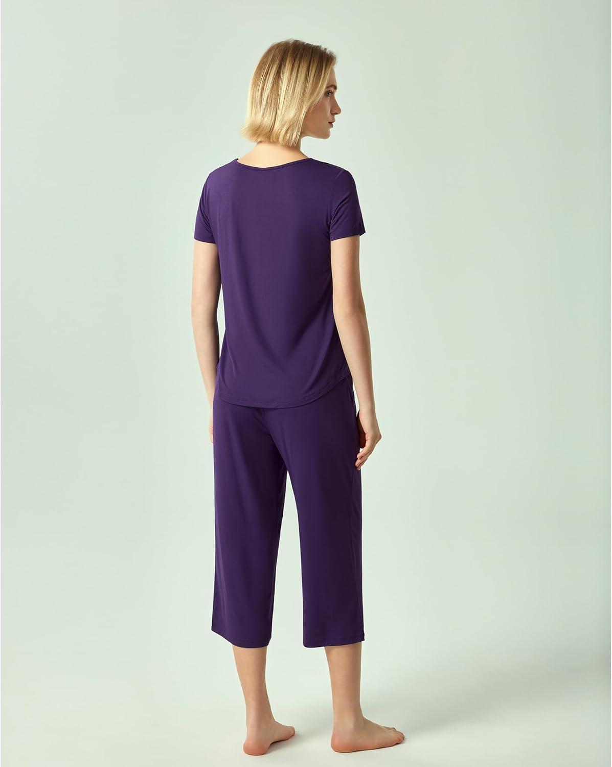 imageGYS Bamboo Viscose Women Pajama Sets Short Sleeve Top and Capri Pants 2 Piece Casual Lounge SetsDeep Purple