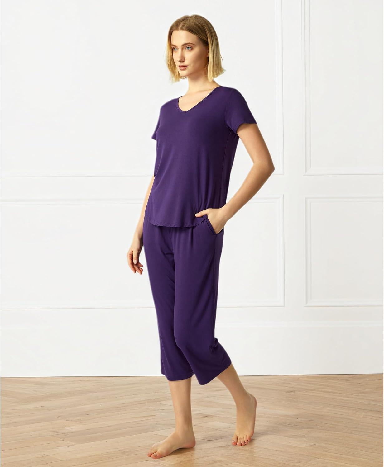 imageGYS Bamboo Viscose Women Pajama Sets Short Sleeve Top and Capri Pants 2 Piece Casual Lounge SetsDeep Purple