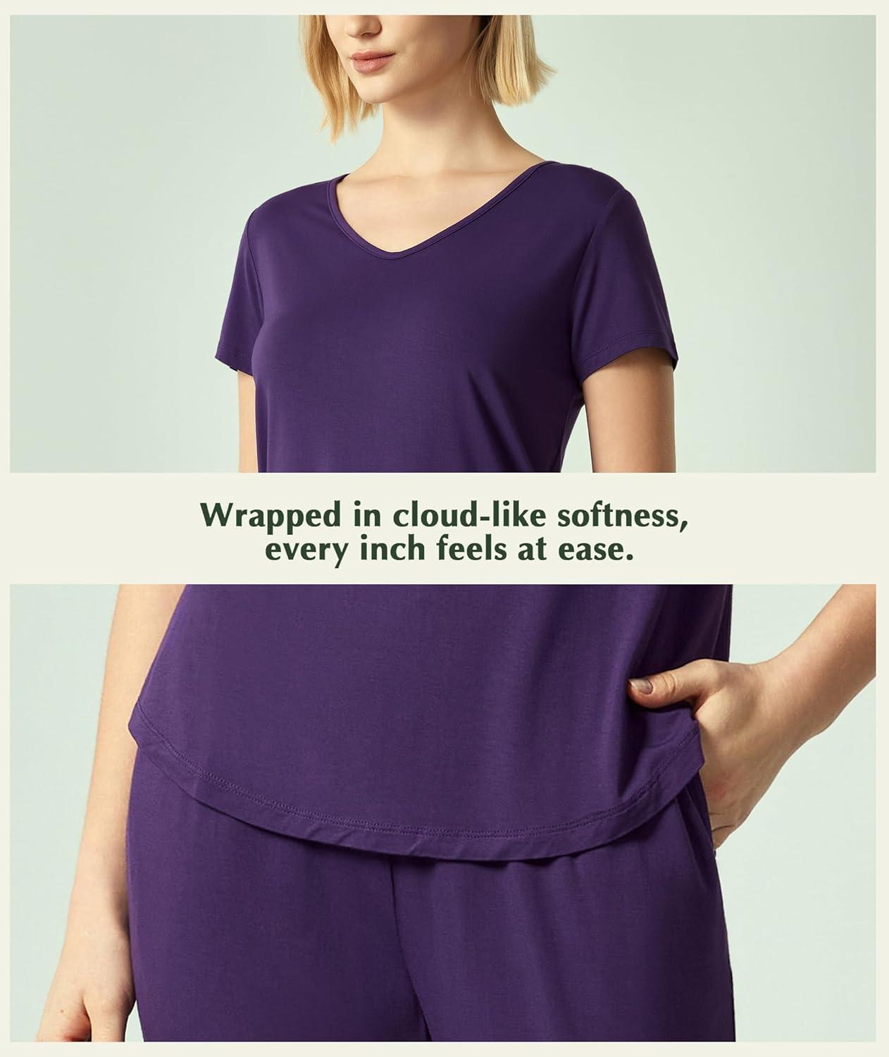 imageGYS Bamboo Viscose Women Pajama Sets Short Sleeve Top and Capri Pants 2 Piece Casual Lounge SetsDeep Purple
