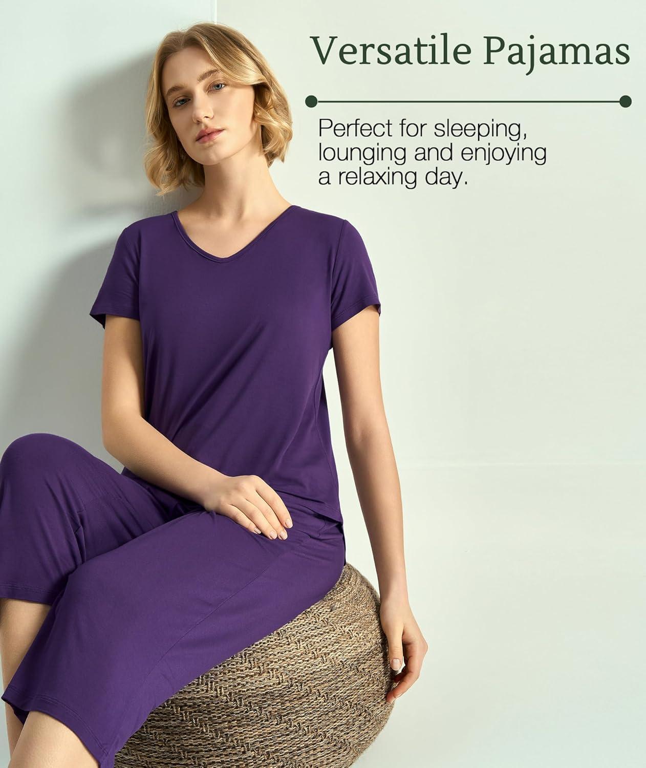 imageGYS Bamboo Viscose Women Pajama Sets Short Sleeve Top and Capri Pants 2 Piece Casual Lounge SetsDeep Purple