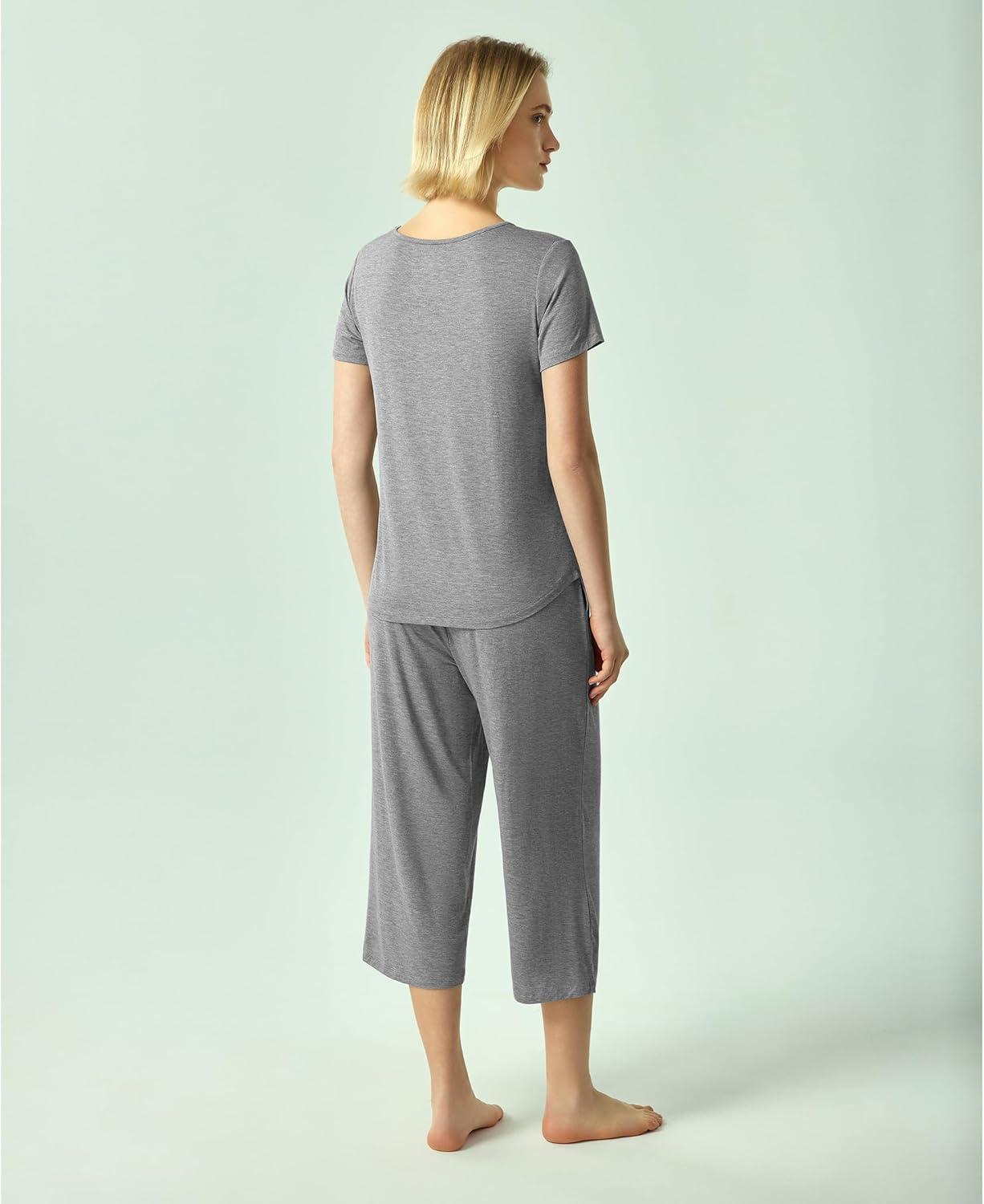 imageGYS Bamboo Viscose Women Pajama Sets Short Sleeve Top and Capri Pants 2 Piece Casual Lounge SetsHeather Grey