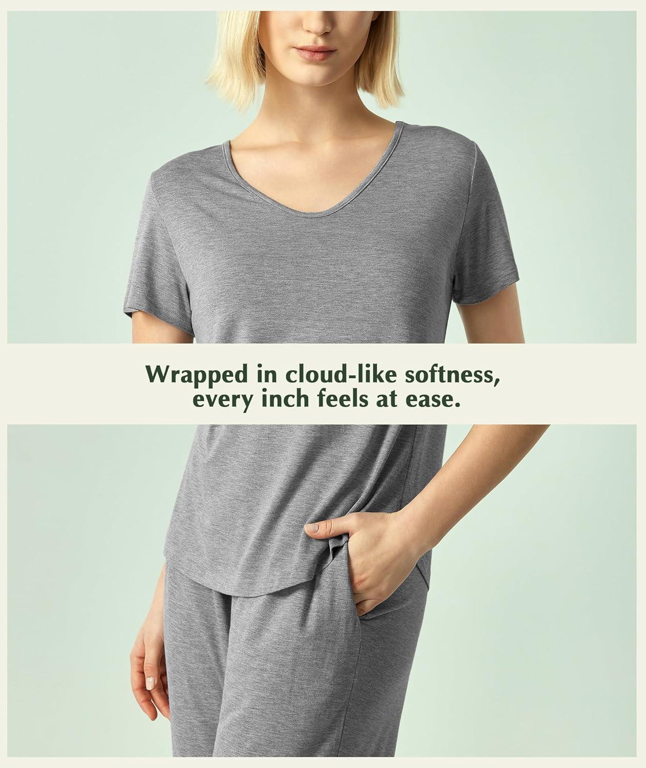 imageGYS Bamboo Viscose Women Pajama Sets Short Sleeve Top and Capri Pants 2 Piece Casual Lounge SetsHeather Grey