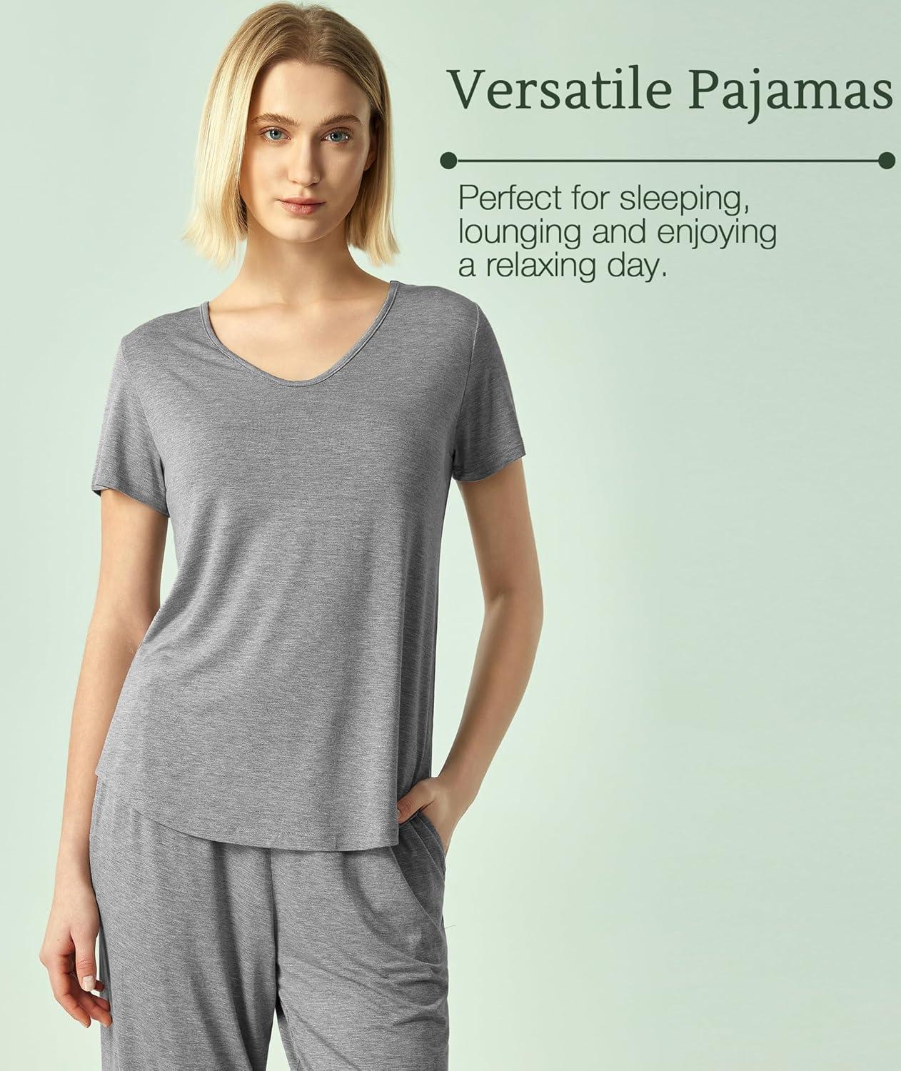 imageGYS Bamboo Viscose Women Pajama Sets Short Sleeve Top and Capri Pants 2 Piece Casual Lounge SetsHeather Grey