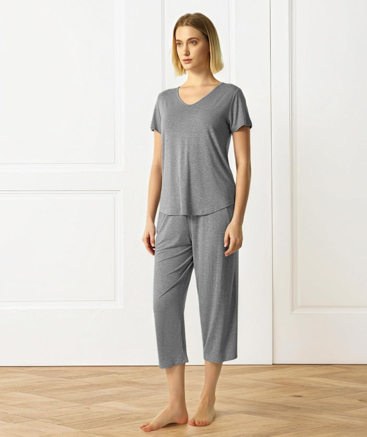 imageGYS Bamboo Viscose Women Pajama Sets Short Sleeve Top and Capri Pants 2 Piece Casual Lounge SetsHeather Grey