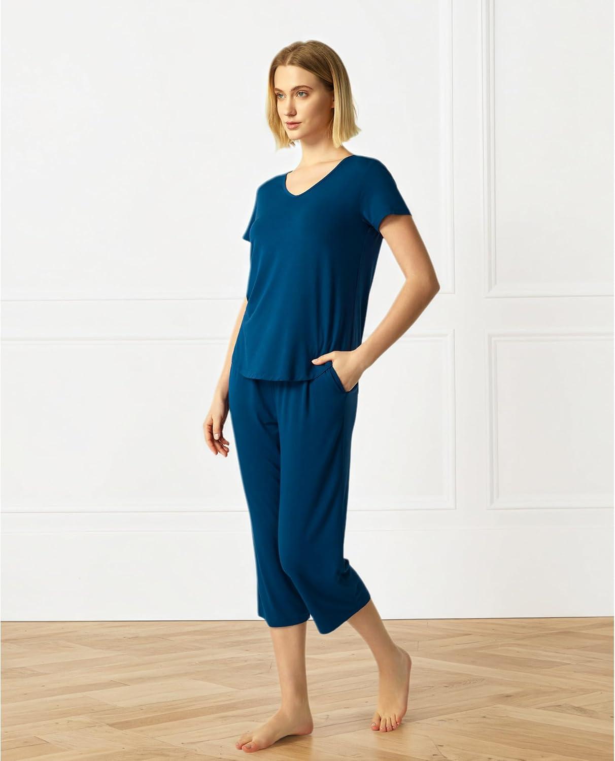 imageGYS Bamboo Viscose Women Pajama Sets Short Sleeve Top and Capri Pants 2 Piece Casual Lounge SetsInk Blue