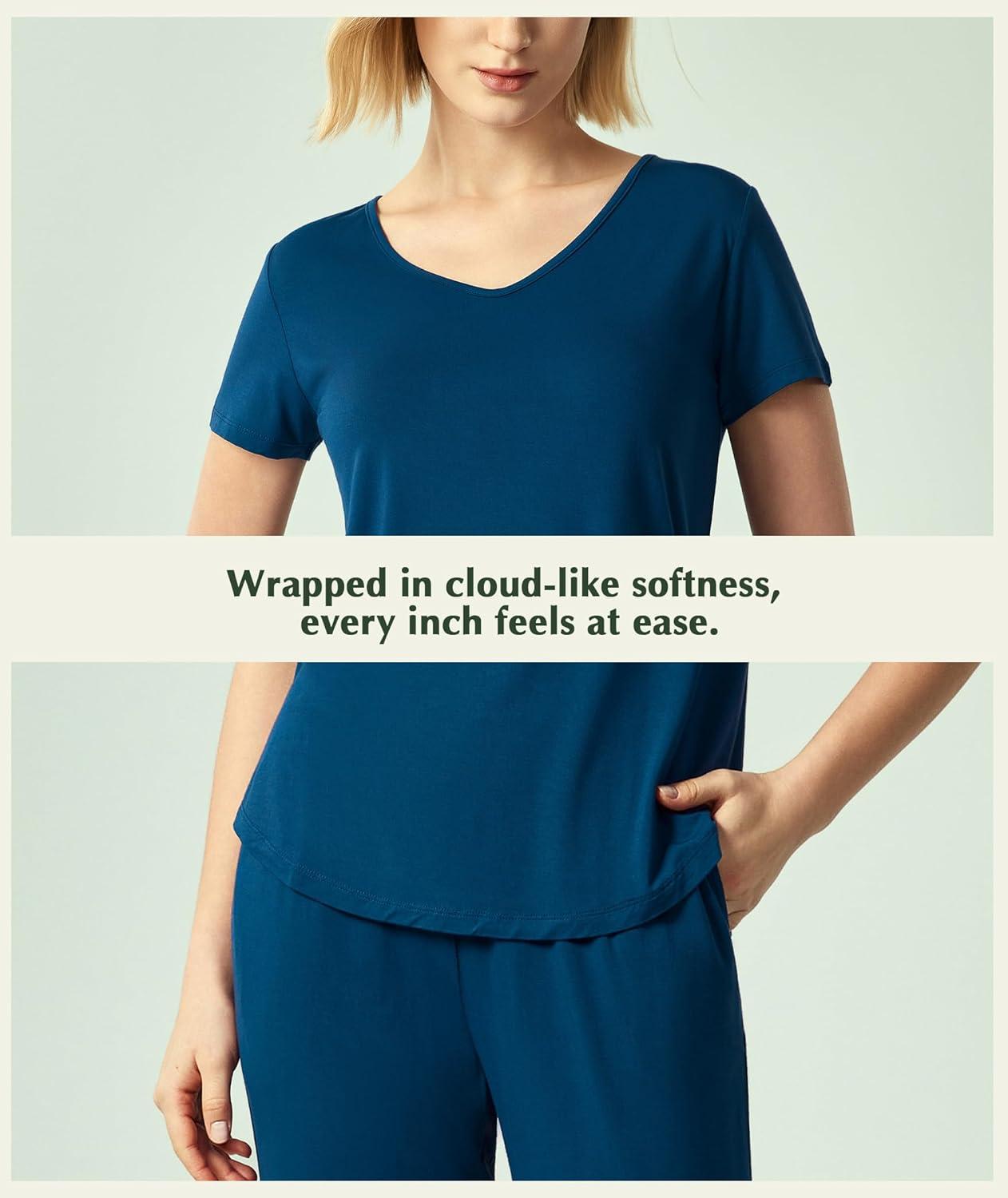 imageGYS Bamboo Viscose Women Pajama Sets Short Sleeve Top and Capri Pants 2 Piece Casual Lounge SetsInk Blue