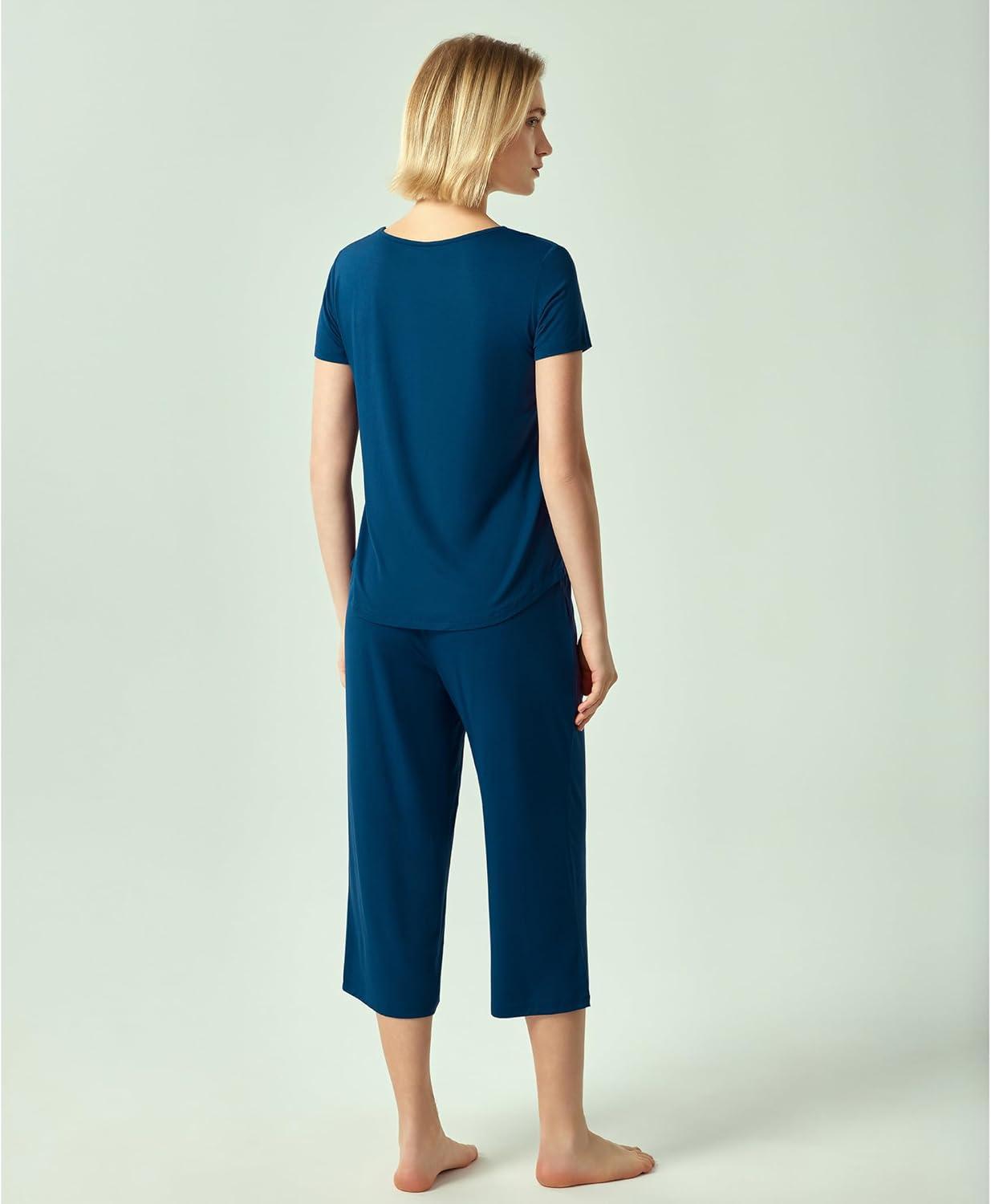 imageGYS Bamboo Viscose Women Pajama Sets Short Sleeve Top and Capri Pants 2 Piece Casual Lounge SetsInk Blue