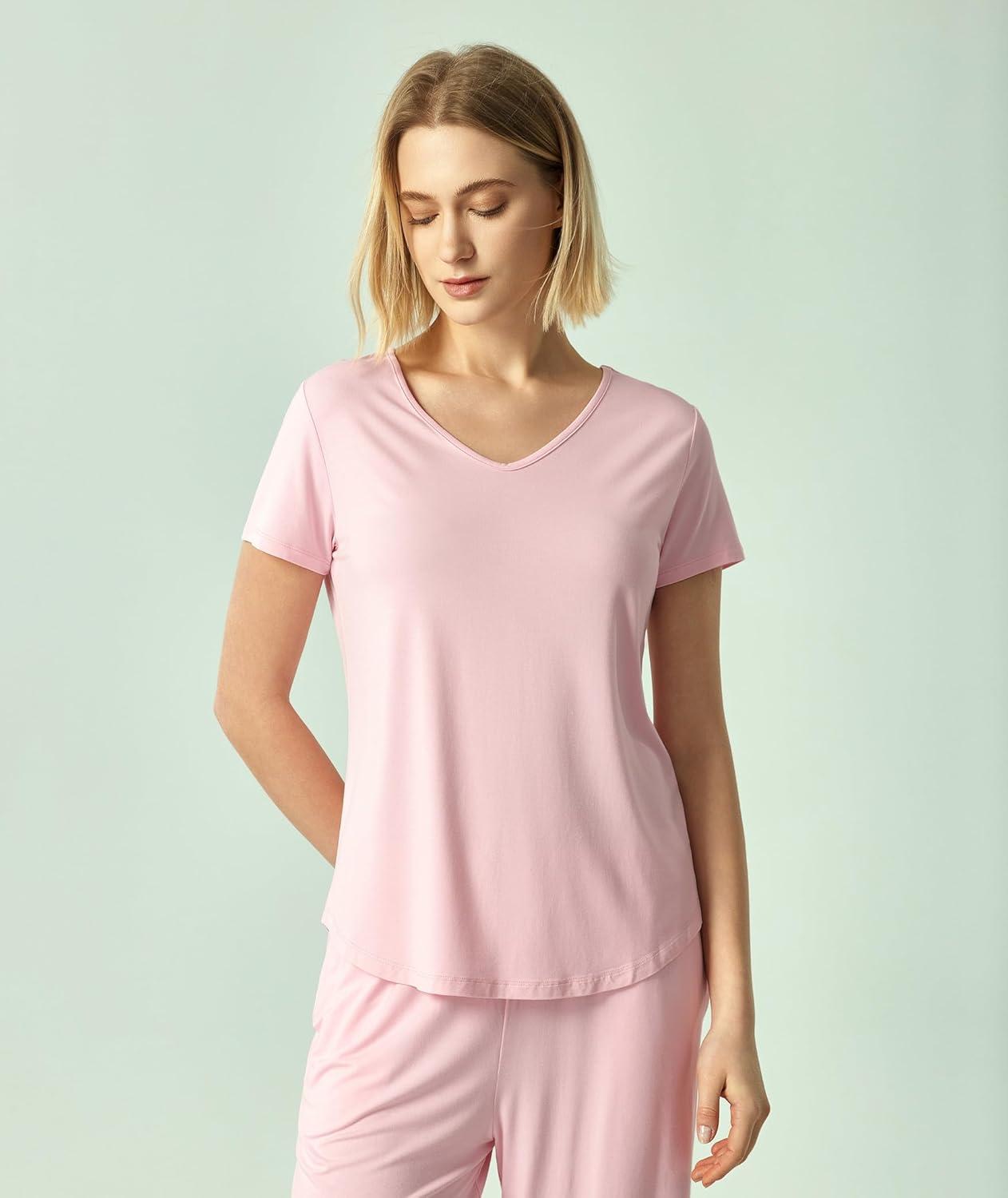 imageGYS Bamboo Viscose Women Pajama Sets Short Sleeve Top and Capri Pants 2 Piece Casual Lounge SetsPink