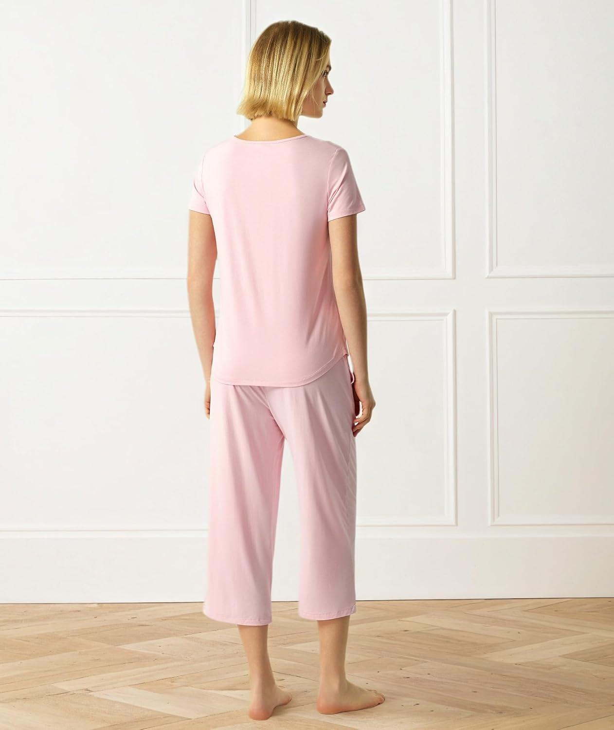 imageGYS Bamboo Viscose Women Pajama Sets Short Sleeve Top and Capri Pants 2 Piece Casual Lounge SetsPink