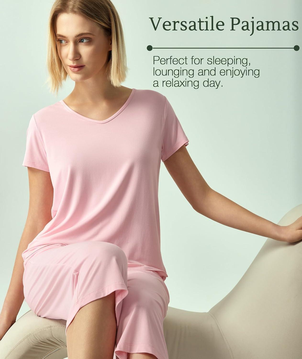 imageGYS Bamboo Viscose Women Pajama Sets Short Sleeve Top and Capri Pants 2 Piece Casual Lounge SetsPink