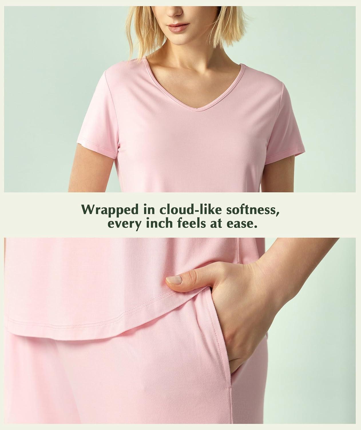 imageGYS Bamboo Viscose Women Pajama Sets Short Sleeve Top and Capri Pants 2 Piece Casual Lounge SetsPink