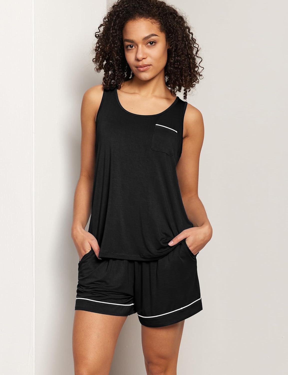 imageGYS Bamboo Viscose Women Pajama Sets Sleeveless Tank Top with Shorts Summer Lounge SetsBlack