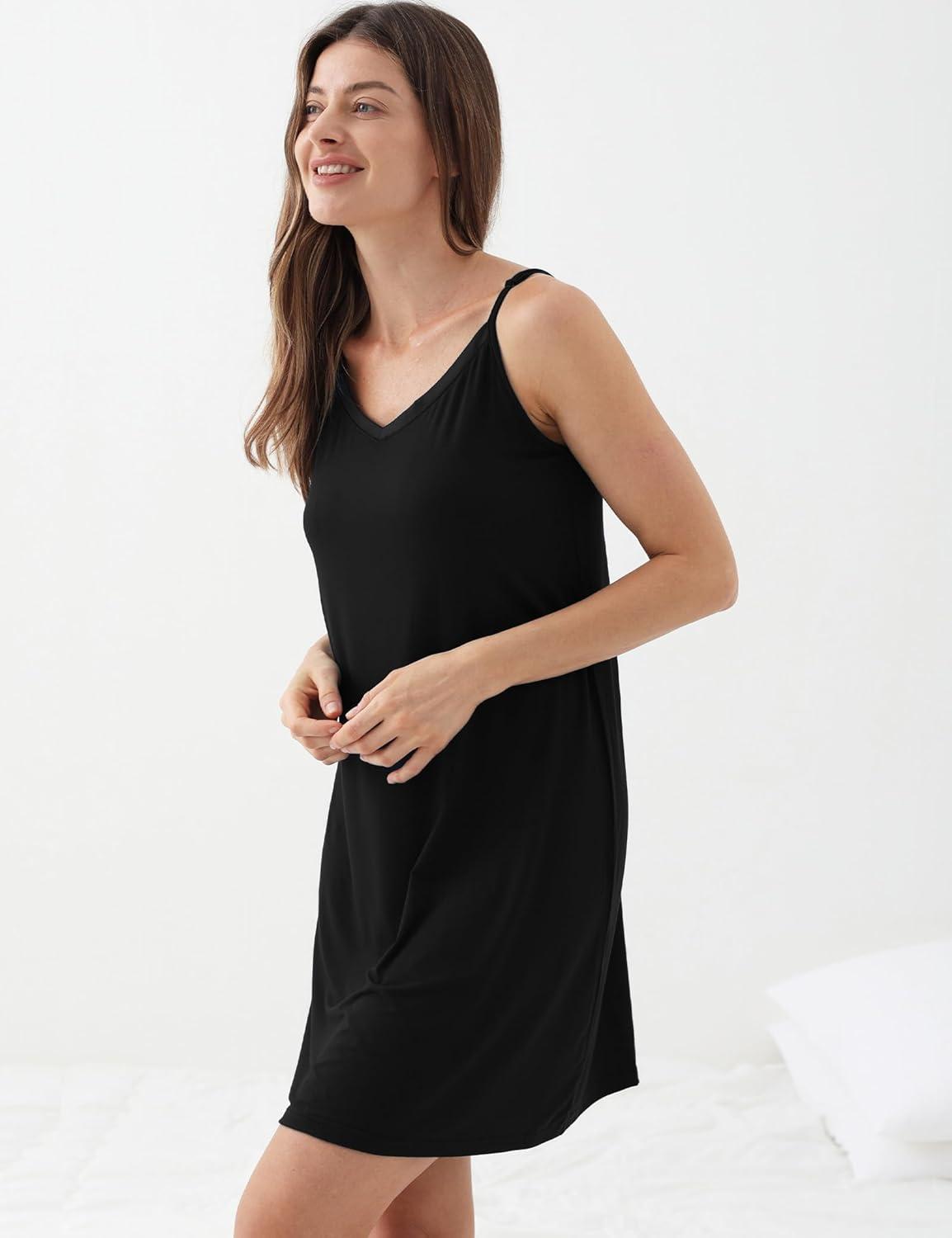 imageGYS Bamboo Viscose Womens Full Slips Adjustable Spaghetti Strap Soft Chemise NightgownsBlack