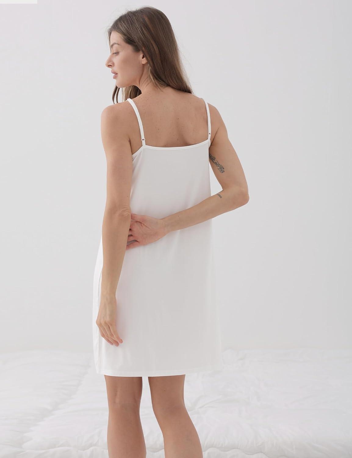 imageGYS Bamboo Viscose Womens Full Slips Adjustable Spaghetti Strap Soft Chemise NightgownsWhite