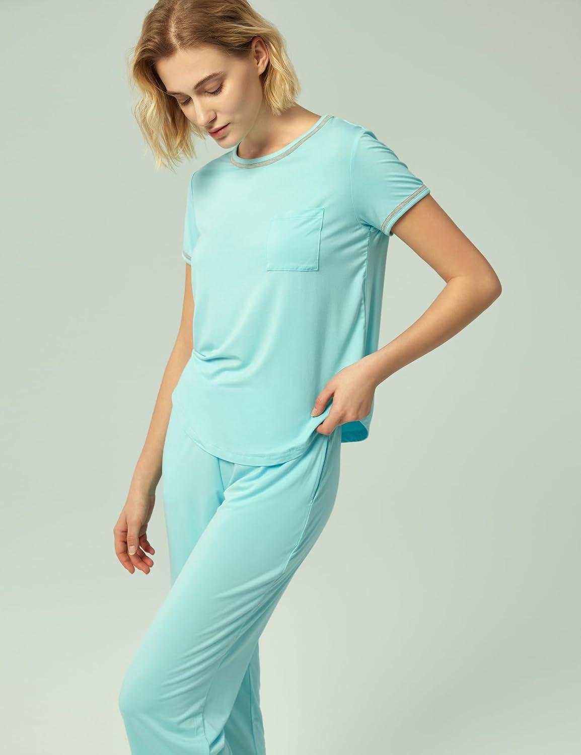 imageGYS Bamboo Viscose Womens Pajama Set 2 Piece Lounge Short Sleeve Capris PjsAqua