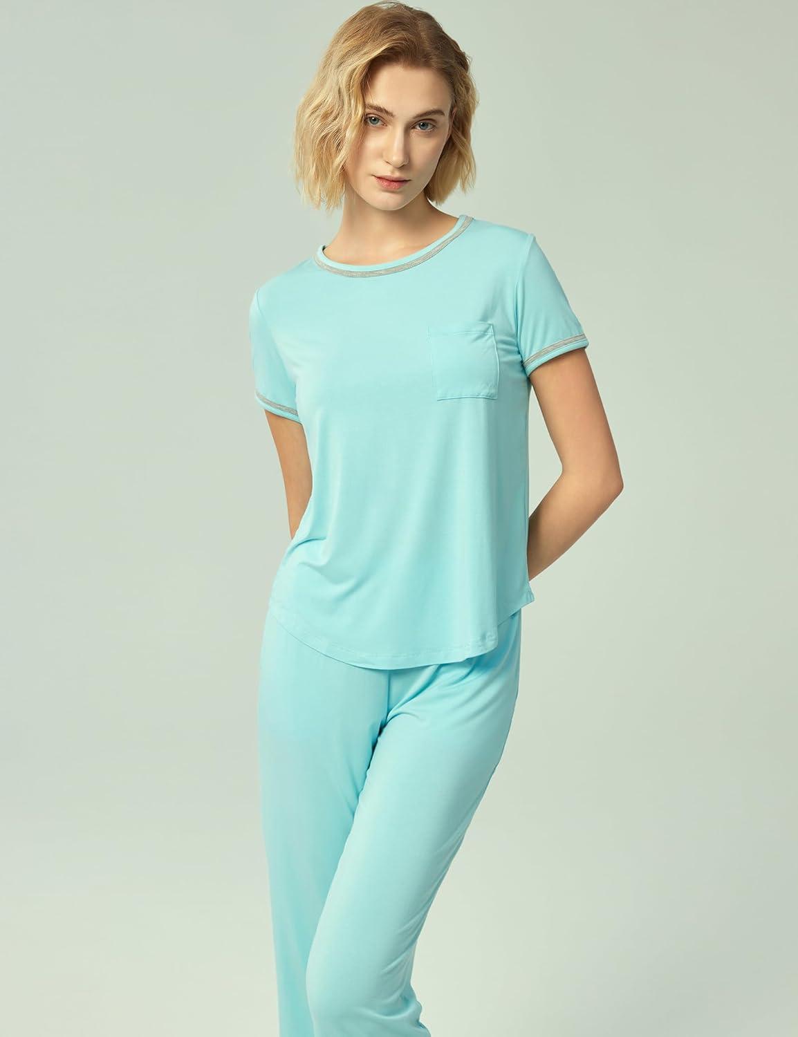 imageGYS Bamboo Viscose Womens Pajama Set 2 Piece Lounge Short Sleeve Capris PjsAqua