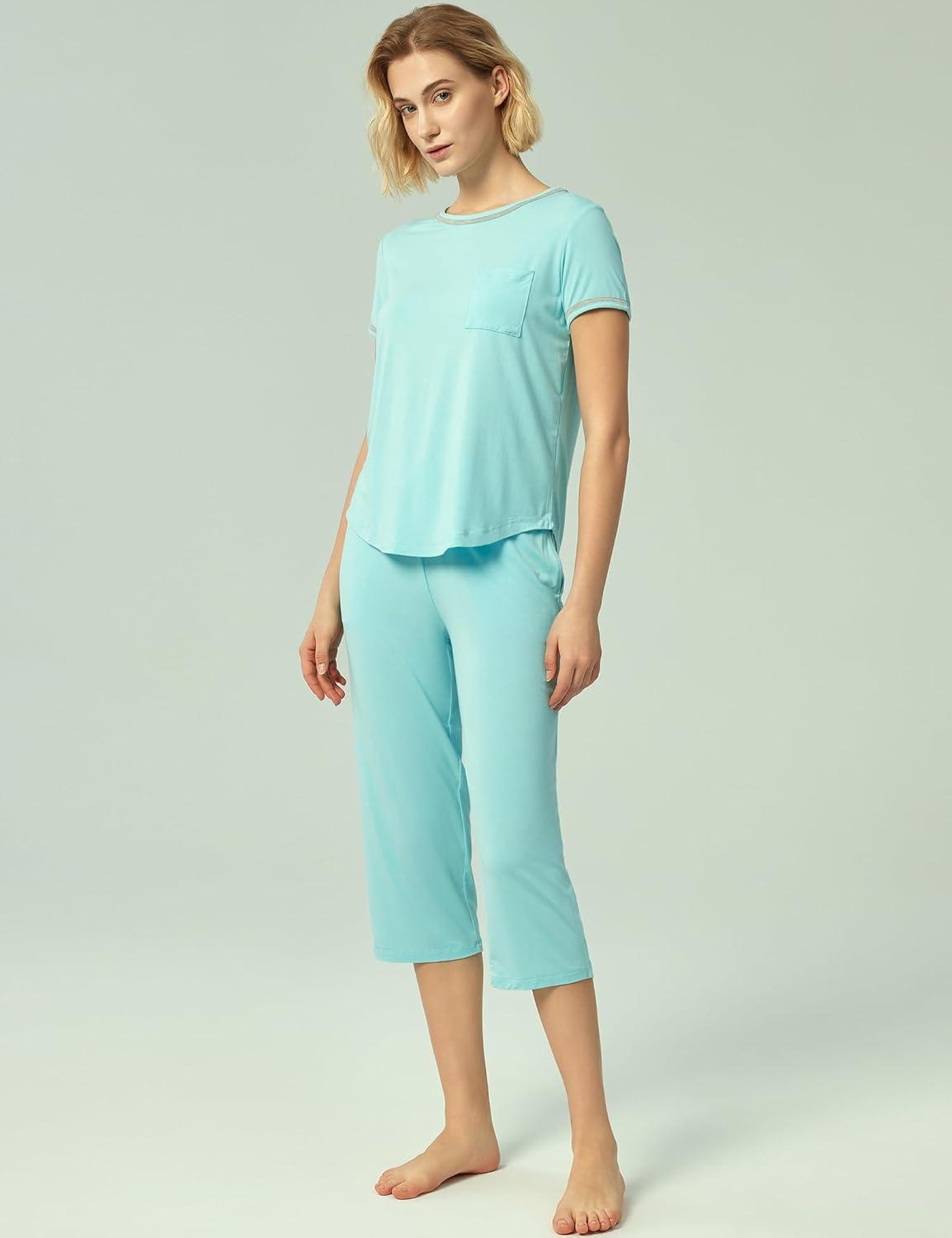 imageGYS Bamboo Viscose Womens Pajama Set 2 Piece Lounge Short Sleeve Capris PjsAqua