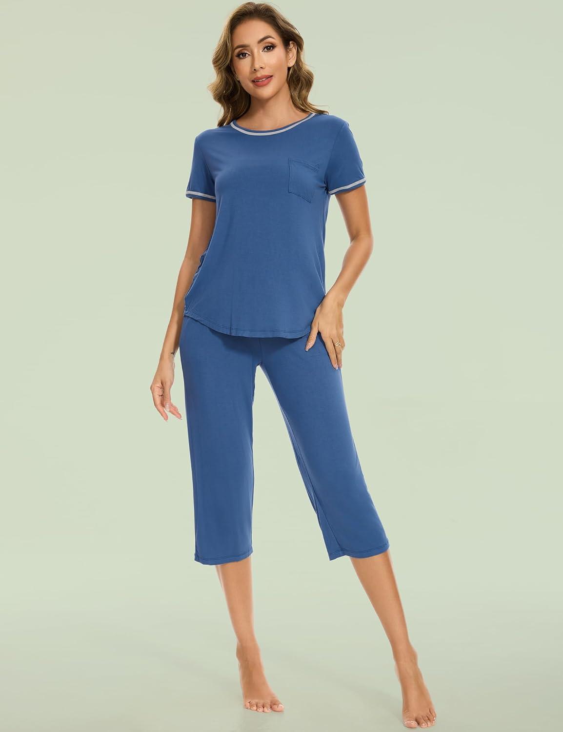 imageGYS Bamboo Viscose Womens Pajama Set 2 Piece Lounge Short Sleeve Capris PjsPrussian Blue