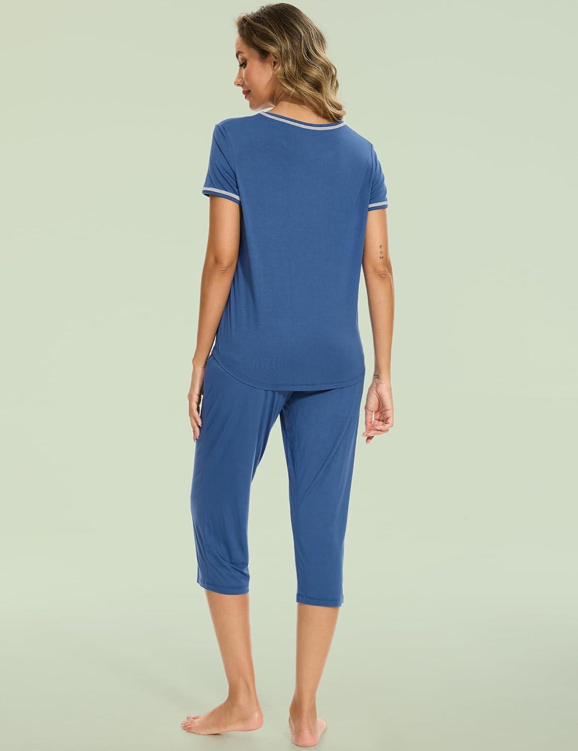 imageGYS Bamboo Viscose Womens Pajama Set 2 Piece Lounge Short Sleeve Capris PjsPrussian Blue