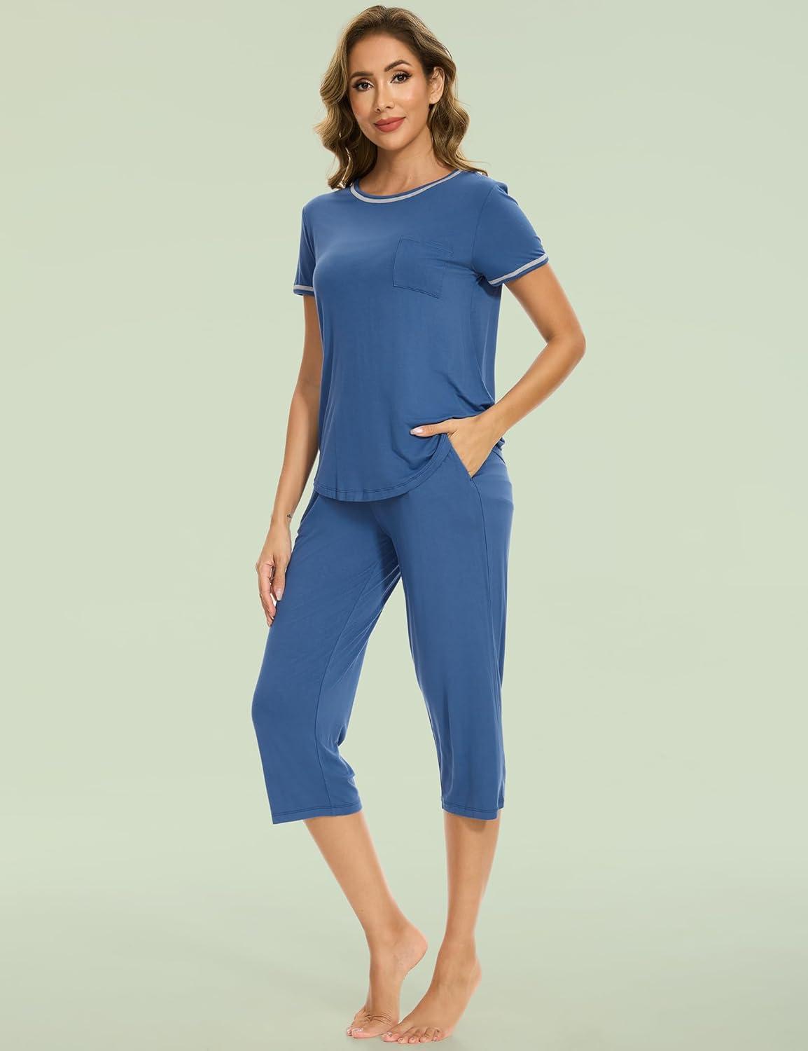 imageGYS Bamboo Viscose Womens Pajama Set 2 Piece Lounge Short Sleeve Capris PjsPrussian Blue