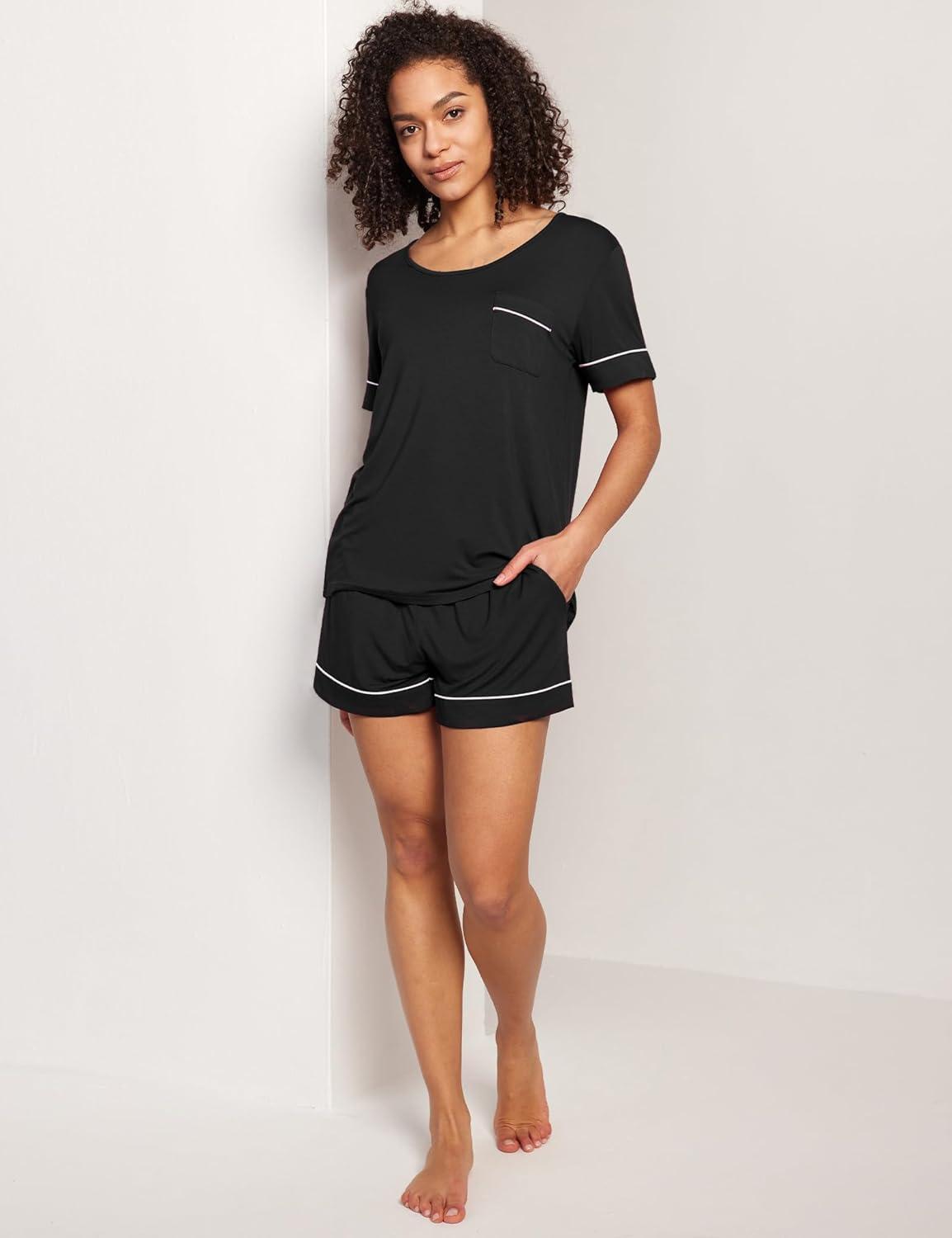 imageGYS Bamboo Viscose Womens Pajama Sets Short Sleeve Crew Neck 2 Piece Pajama Set for WomenBlack