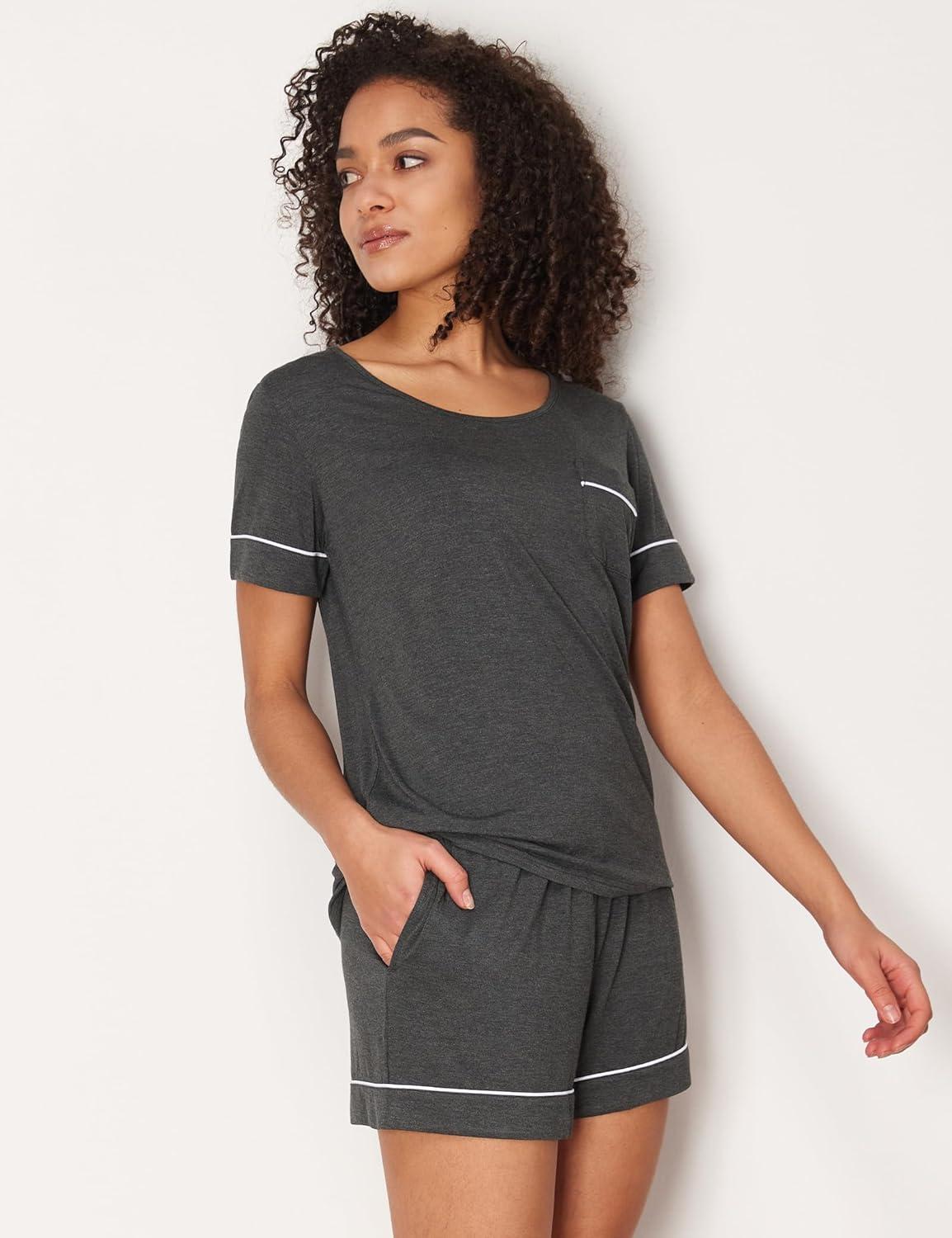 imageGYS Bamboo Viscose Womens Pajama Sets Short Sleeve Crew Neck 2 Piece Pajama Set for WomenBlack Melange