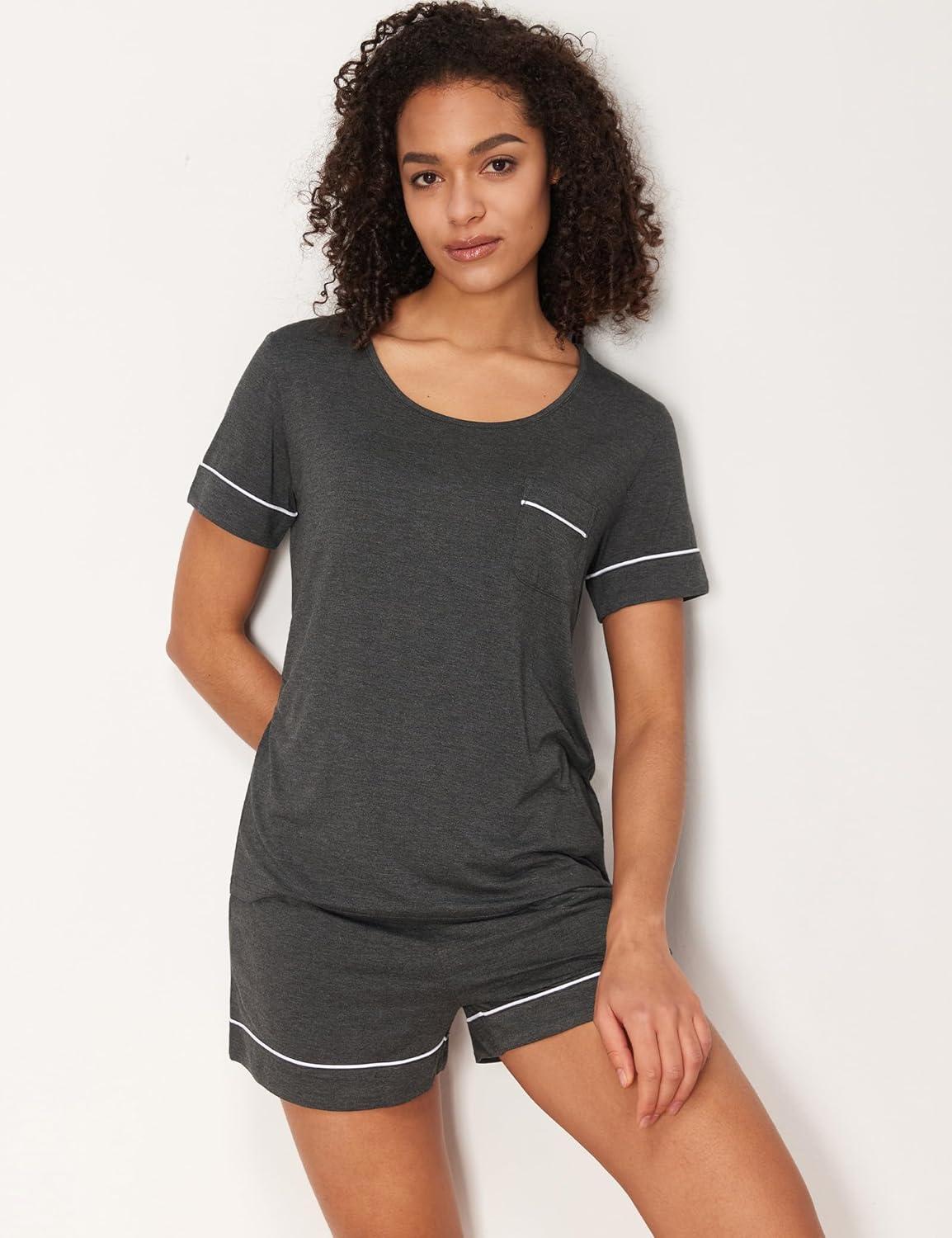 imageGYS Bamboo Viscose Womens Pajama Sets Short Sleeve Crew Neck 2 Piece Pajama Set for WomenBlack Melange