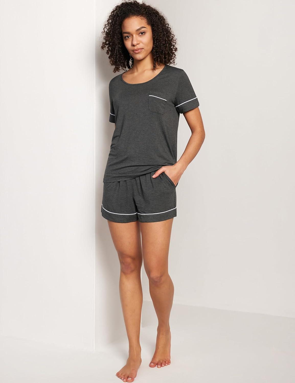 imageGYS Bamboo Viscose Womens Pajama Sets Short Sleeve Crew Neck 2 Piece Pajama Set for WomenBlack Melange