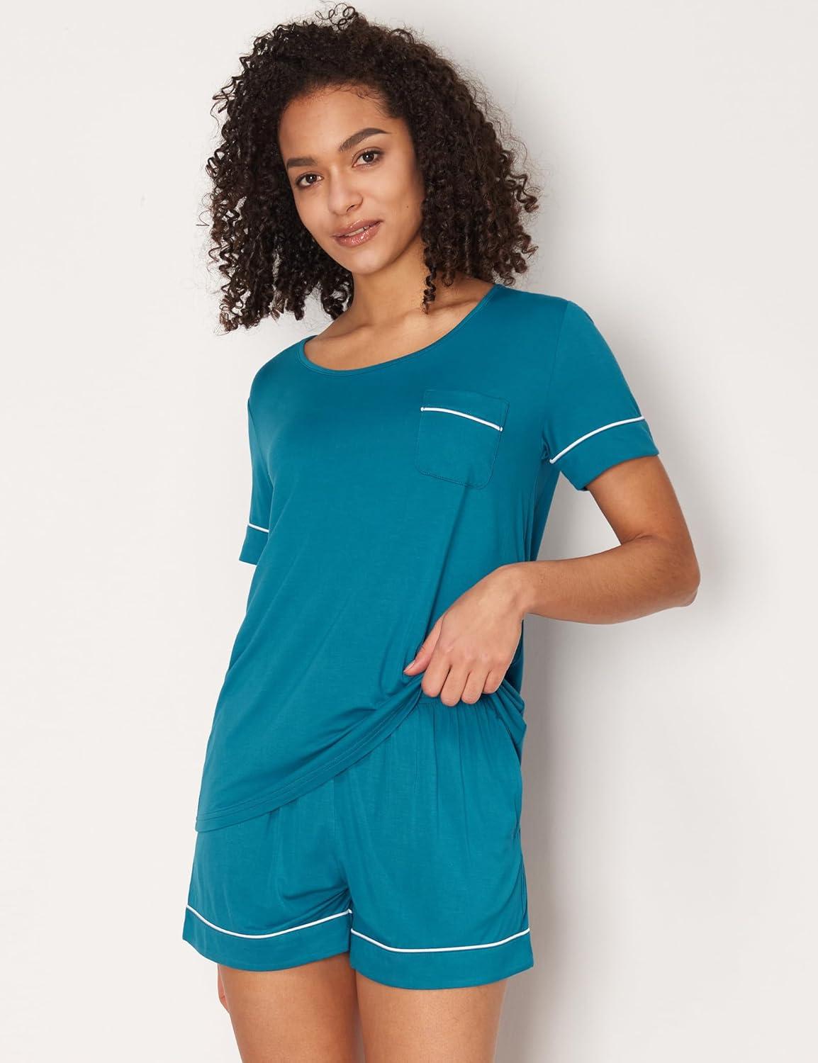 imageGYS Bamboo Viscose Womens Pajama Sets Short Sleeve Crew Neck 2 Piece Pajama Set for WomenTeal Blue