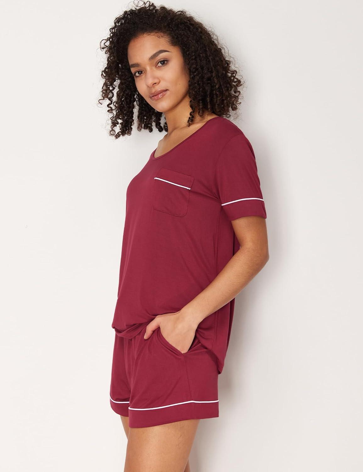 imageGYS Bamboo Viscose Womens Pajama Sets Short Sleeve Crew Neck 2 Piece Pajama Set for WomenWine Red