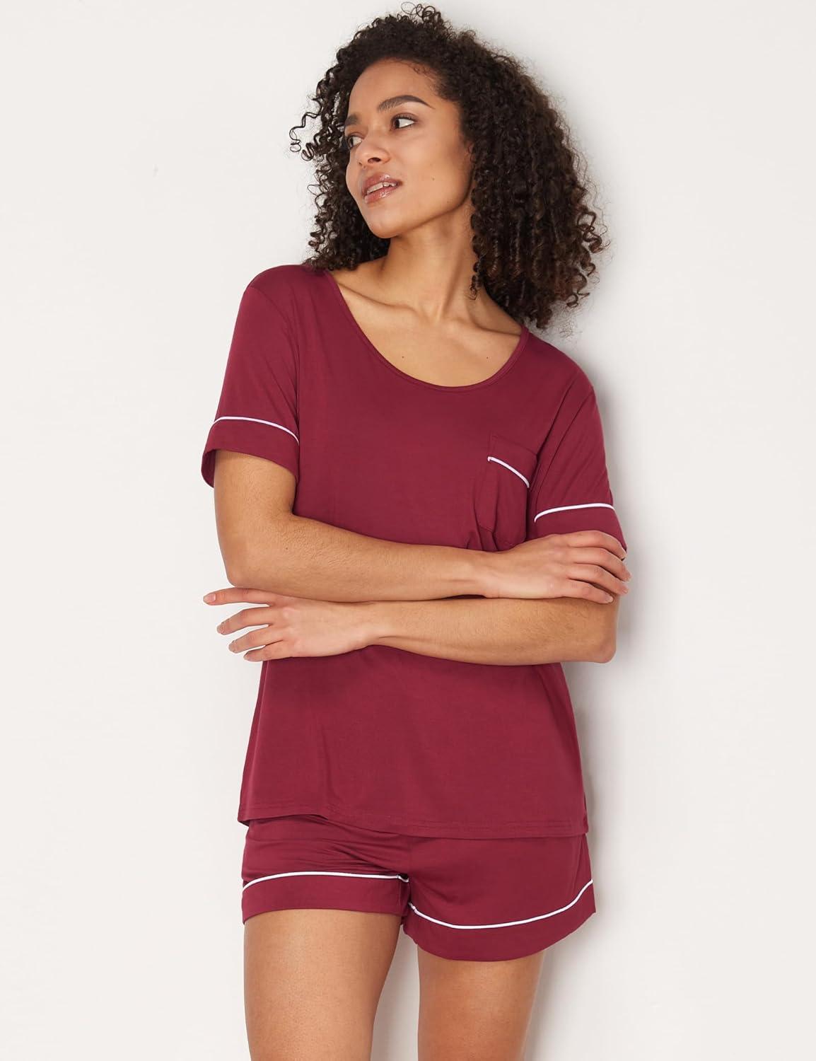 imageGYS Bamboo Viscose Womens Pajama Sets Short Sleeve Crew Neck 2 Piece Pajama Set for WomenWine Red