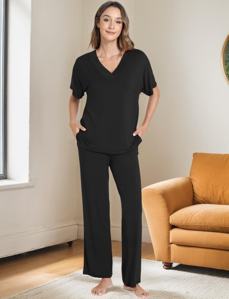 imageGYS Bamboo Viscose Womens Pajama Sets Short Sleeve VNeck Sleep Set with PocketsBlack