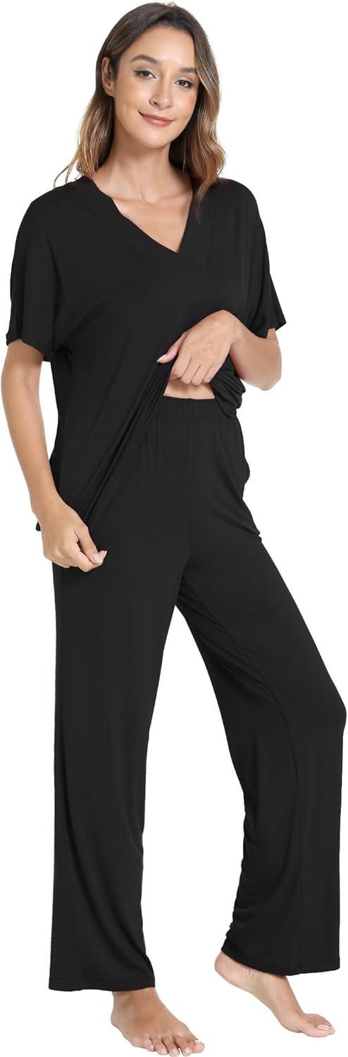 imageGYS Bamboo Viscose Womens Pajama Sets Short Sleeve VNeck Sleep Set with PocketsBlack