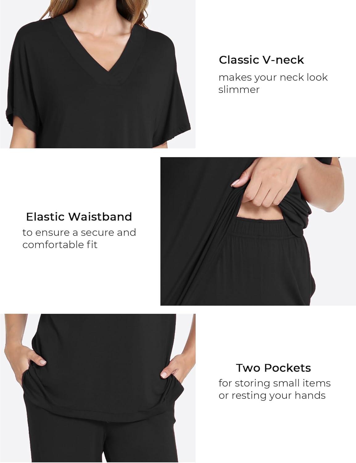 imageGYS Bamboo Viscose Womens Pajama Sets Short Sleeve VNeck Sleep Set with PocketsBlack