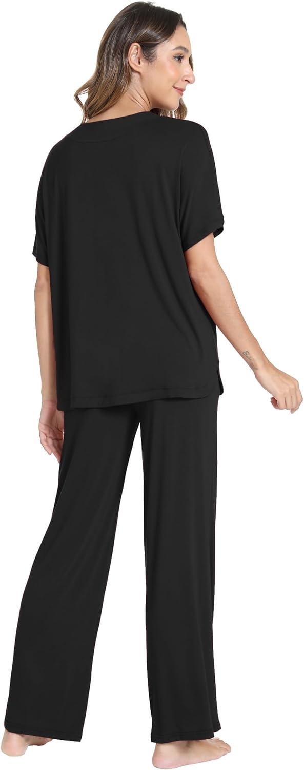 imageGYS Bamboo Viscose Womens Pajama Sets Short Sleeve VNeck Sleep Set with PocketsBlack