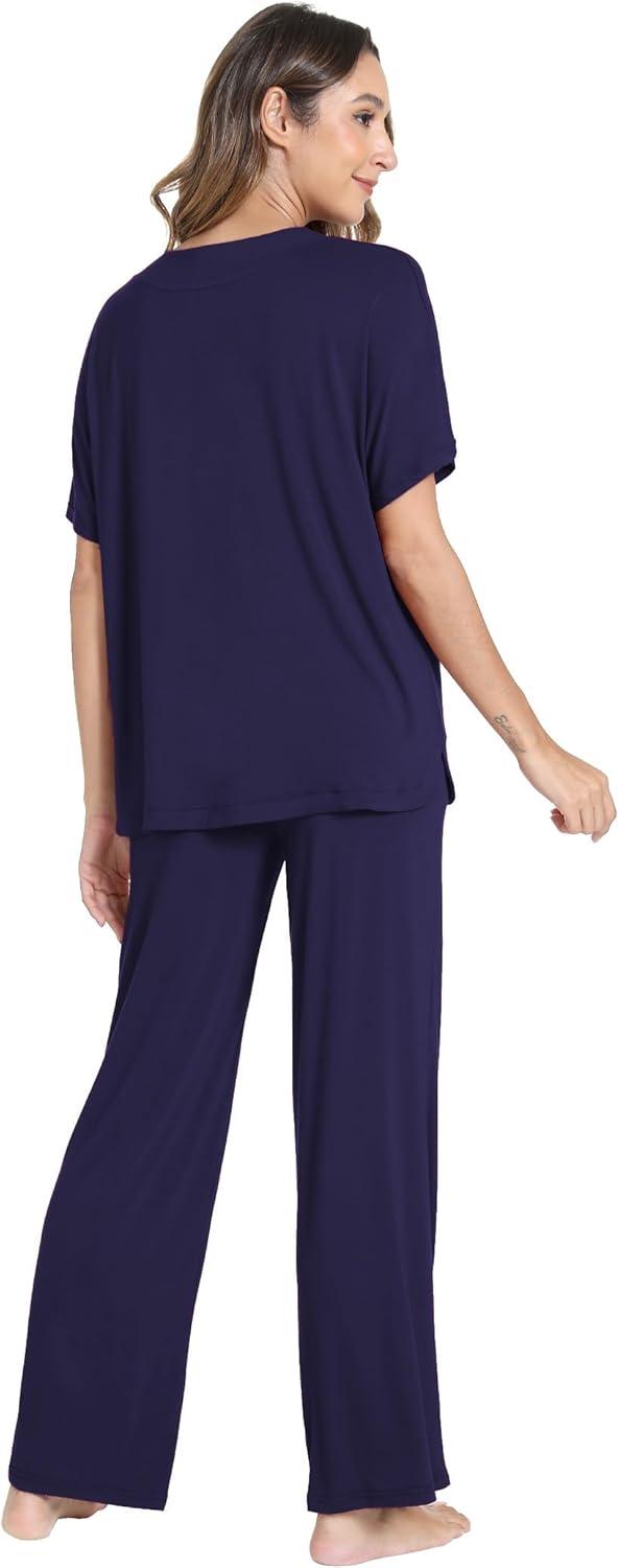 imageGYS Bamboo Viscose Womens Pajama Sets Short Sleeve VNeck Sleep Set with PocketsNavy