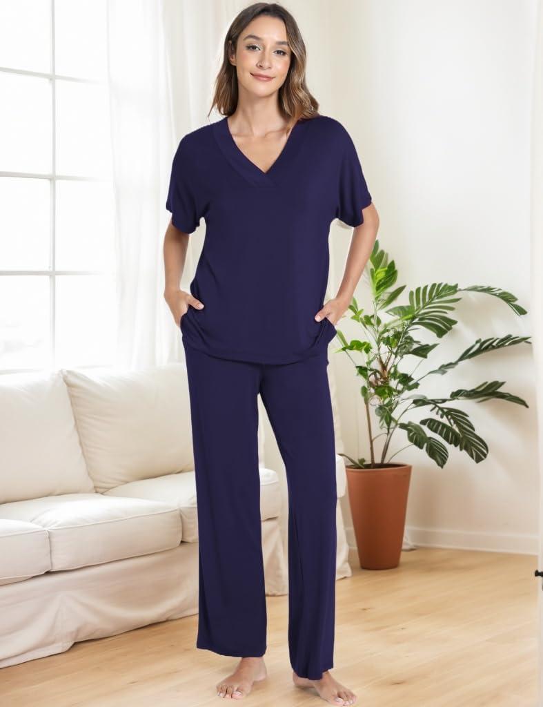 imageGYS Bamboo Viscose Womens Pajama Sets Short Sleeve VNeck Sleep Set with PocketsNavy