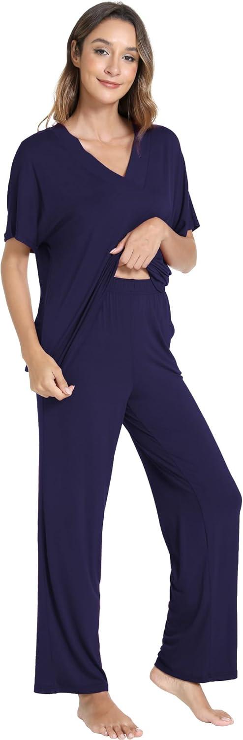 imageGYS Bamboo Viscose Womens Pajama Sets Short Sleeve VNeck Sleep Set with PocketsNavy