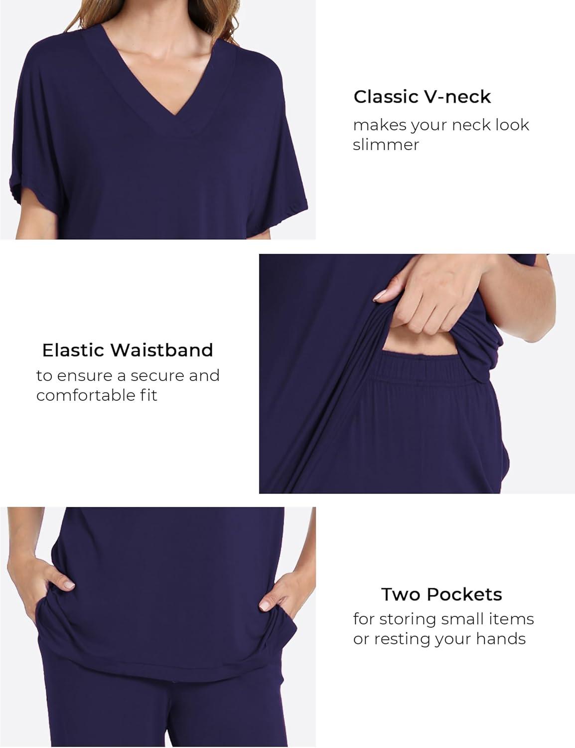 imageGYS Bamboo Viscose Womens Pajama Sets Short Sleeve VNeck Sleep Set with PocketsNavy