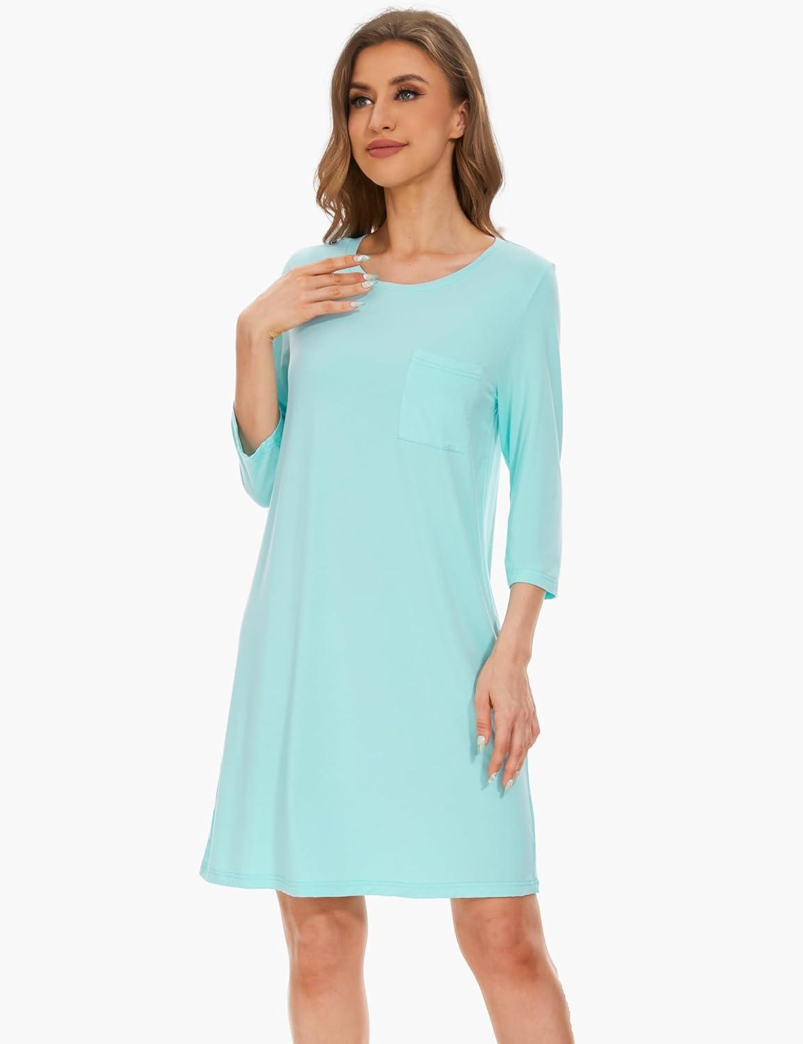 imageGYS Womens Bamboo Viscose Nightgowns Crewneck 34 Sleeve Sleepwear Comfy Night Shirt Sleep DressAqua