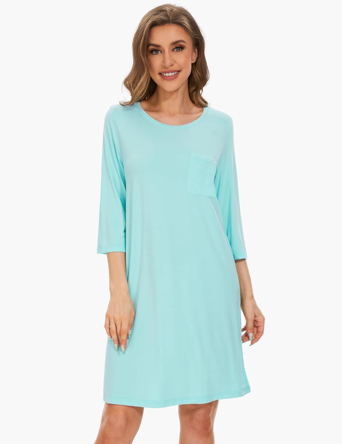 imageGYS Womens Bamboo Viscose Nightgowns Crewneck 34 Sleeve Sleepwear Comfy Night Shirt Sleep DressAqua