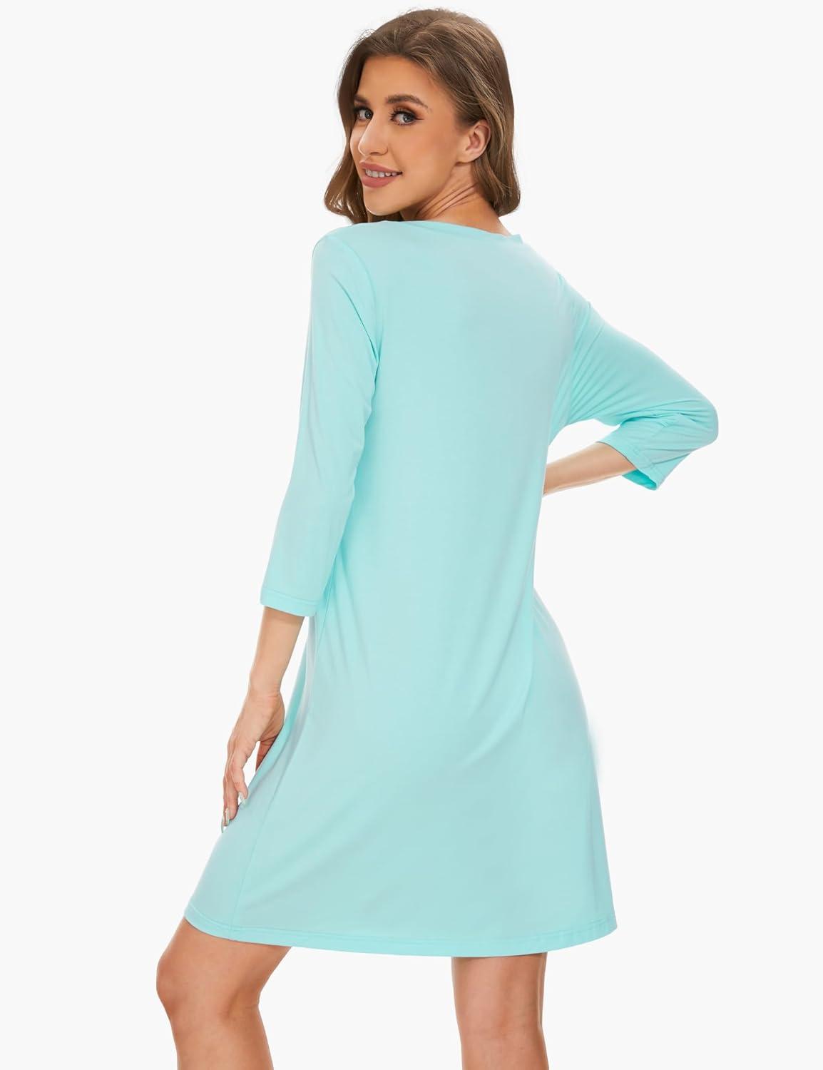 imageGYS Womens Bamboo Viscose Nightgowns Crewneck 34 Sleeve Sleepwear Comfy Night Shirt Sleep DressAqua