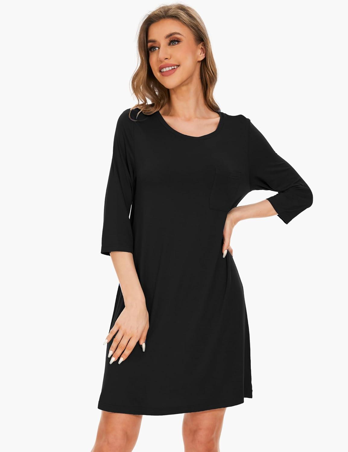 imageGYS Womens Bamboo Viscose Nightgowns Crewneck 34 Sleeve Sleepwear Comfy Night Shirt Sleep DressBlack