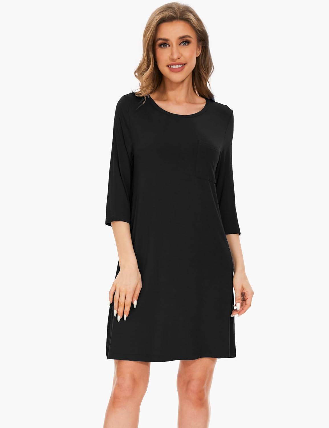 imageGYS Womens Bamboo Viscose Nightgowns Crewneck 34 Sleeve Sleepwear Comfy Night Shirt Sleep DressBlack