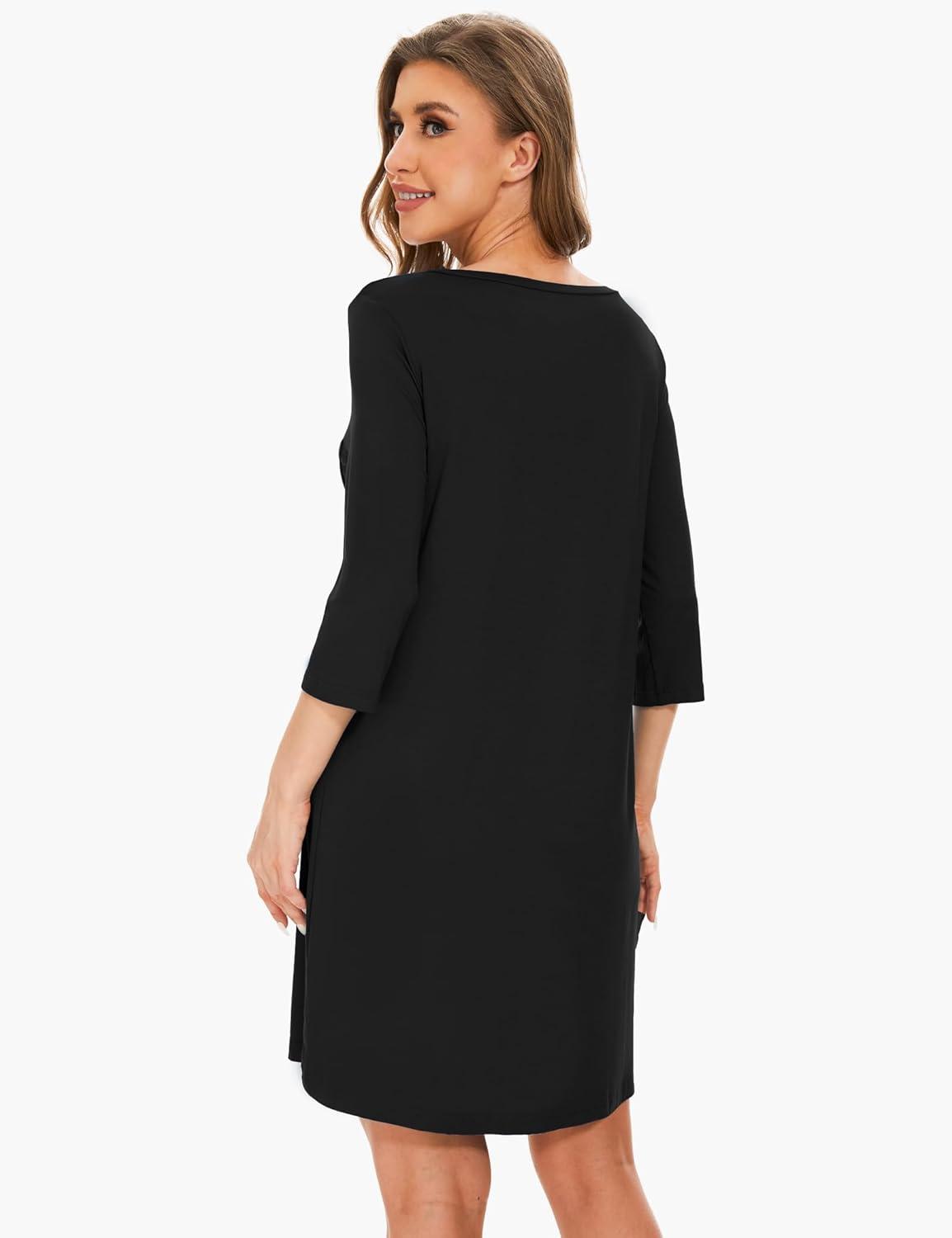 imageGYS Womens Bamboo Viscose Nightgowns Crewneck 34 Sleeve Sleepwear Comfy Night Shirt Sleep DressBlack