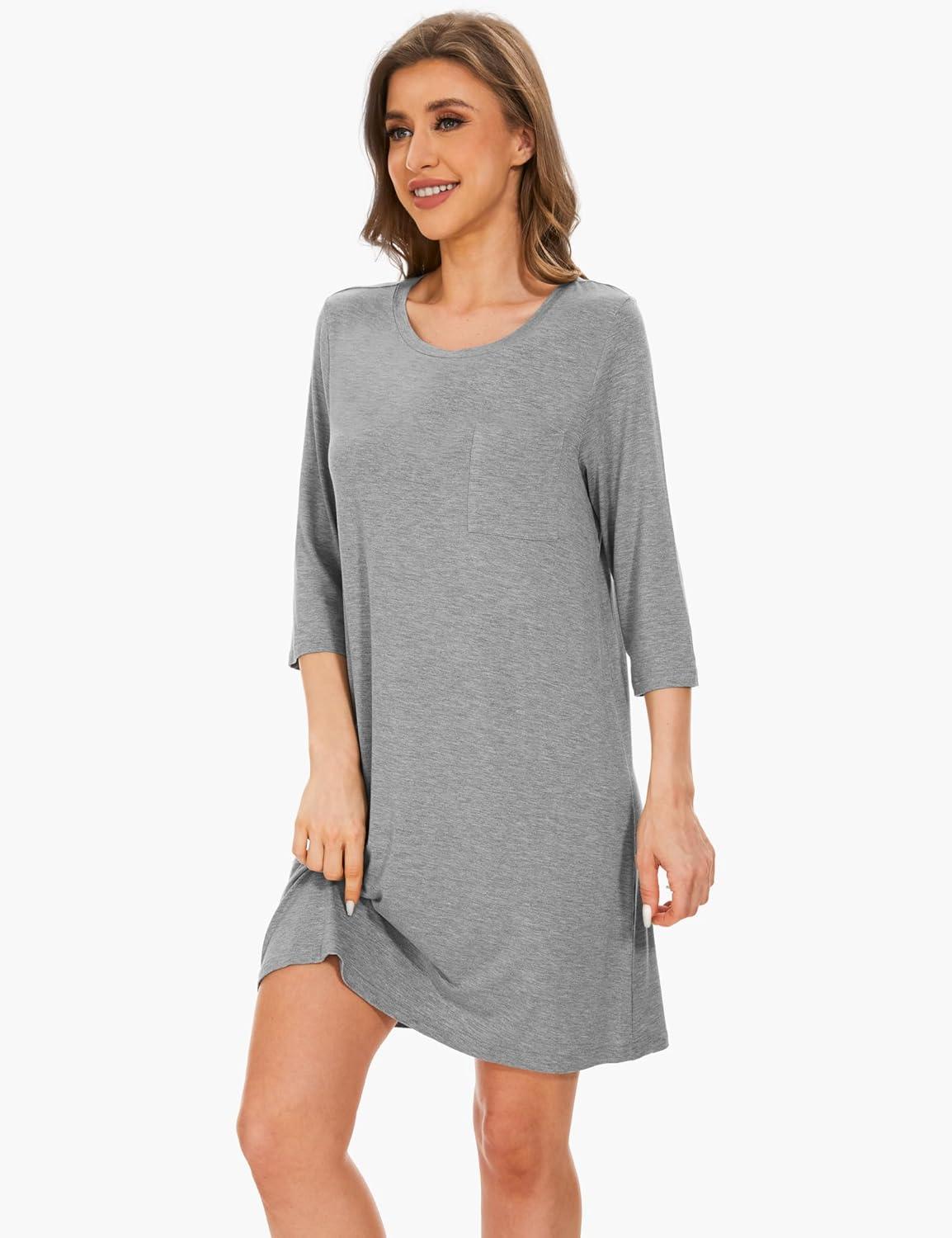 imageGYS Womens Bamboo Viscose Nightgowns Crewneck 34 Sleeve Sleepwear Comfy Night Shirt Sleep DressHeather Grey
