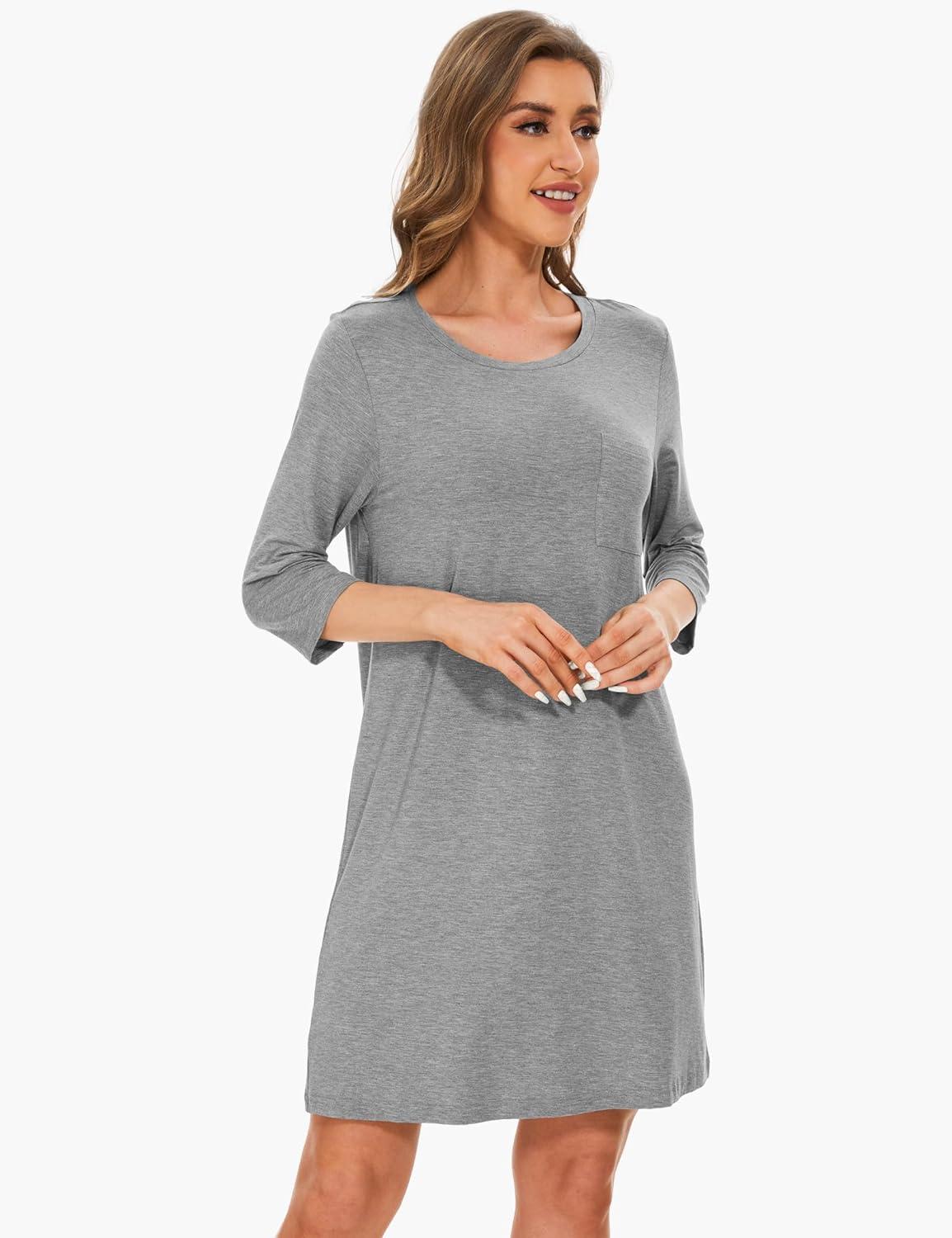 imageGYS Womens Bamboo Viscose Nightgowns Crewneck 34 Sleeve Sleepwear Comfy Night Shirt Sleep DressHeather Grey