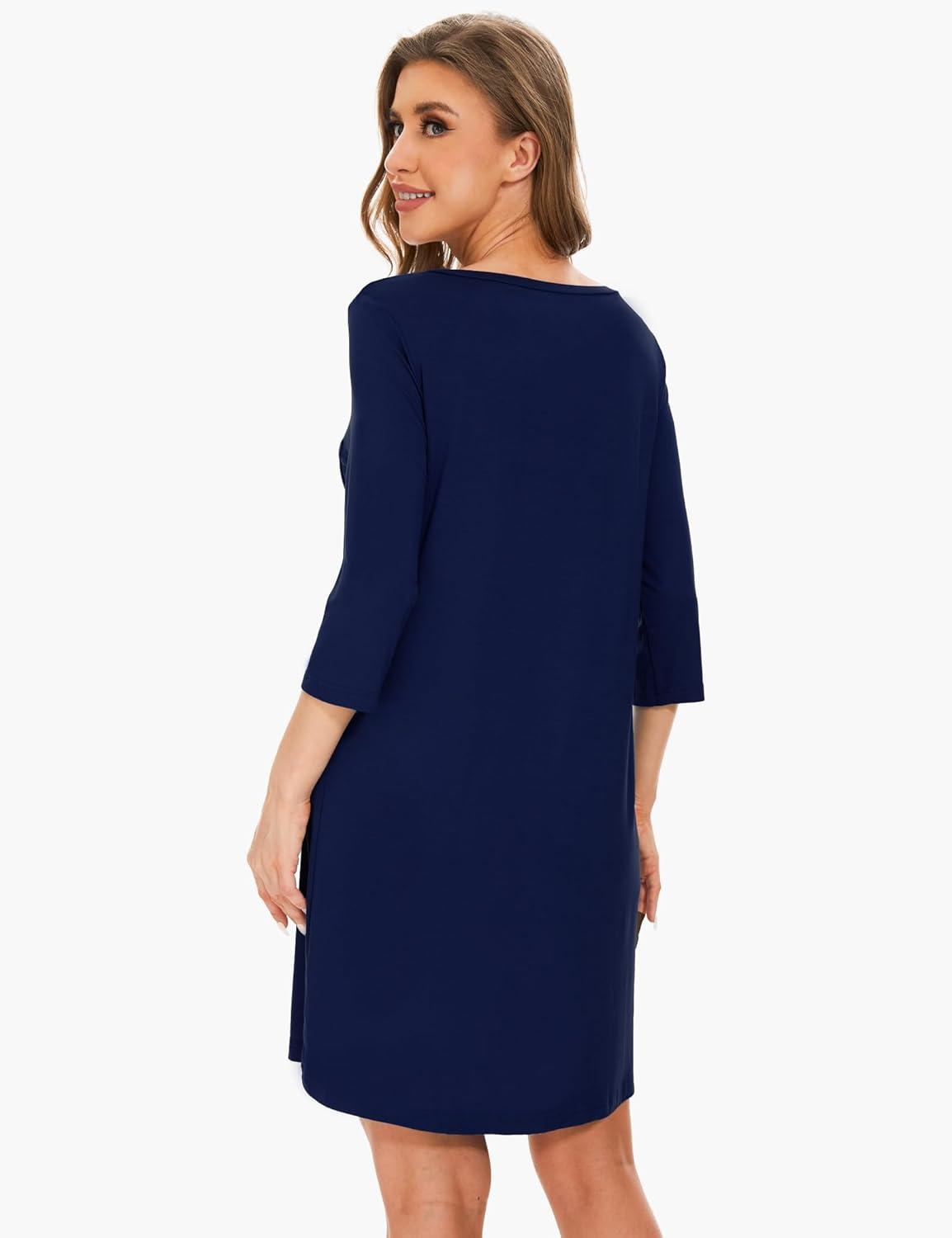 imageGYS Womens Bamboo Viscose Nightgowns Crewneck 34 Sleeve Sleepwear Comfy Night Shirt Sleep DressNavy