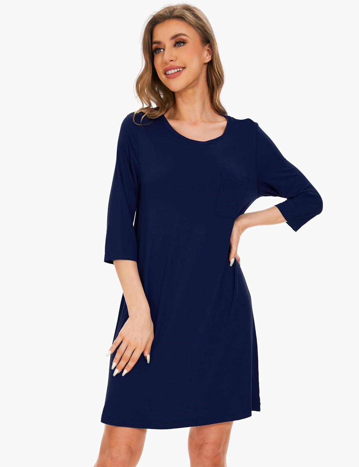 imageGYS Womens Bamboo Viscose Nightgowns Crewneck 34 Sleeve Sleepwear Comfy Night Shirt Sleep DressNavy